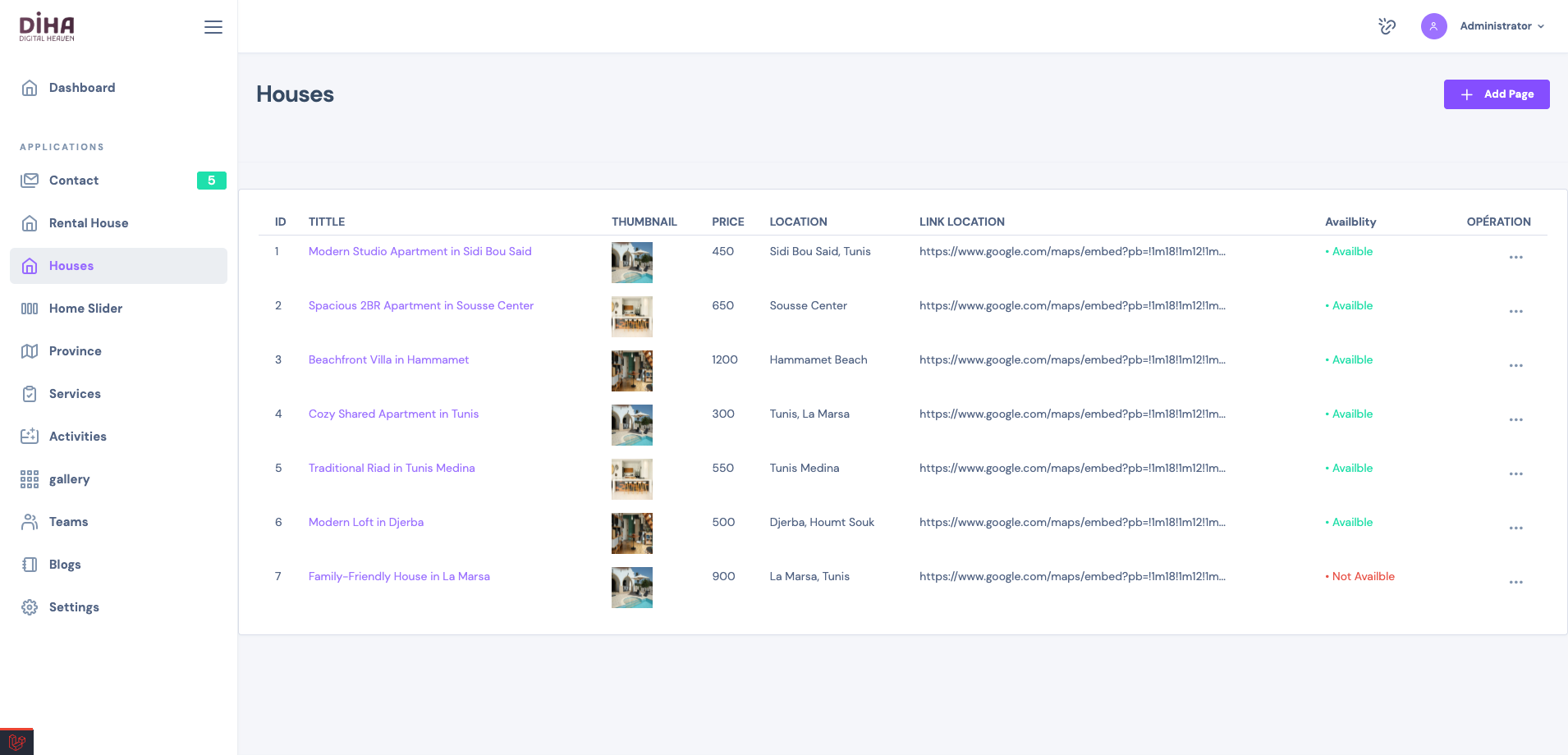Admin – Houses Management Dashboard