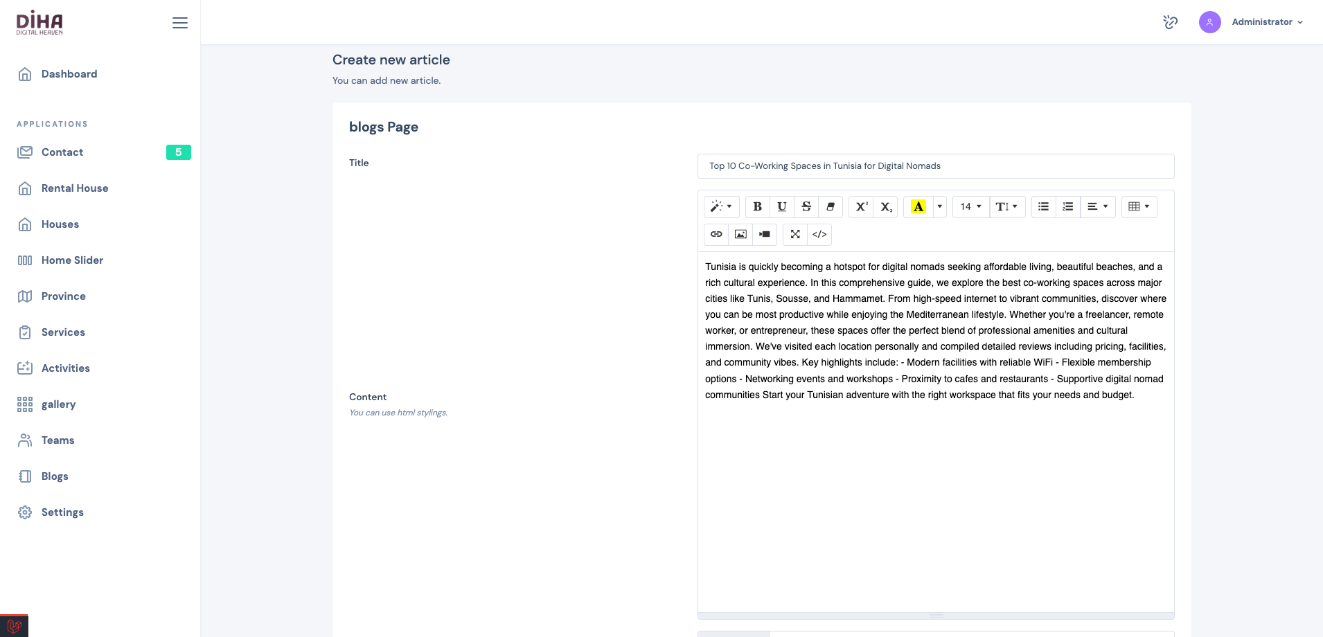 Admin – Blog Article Editing Interface